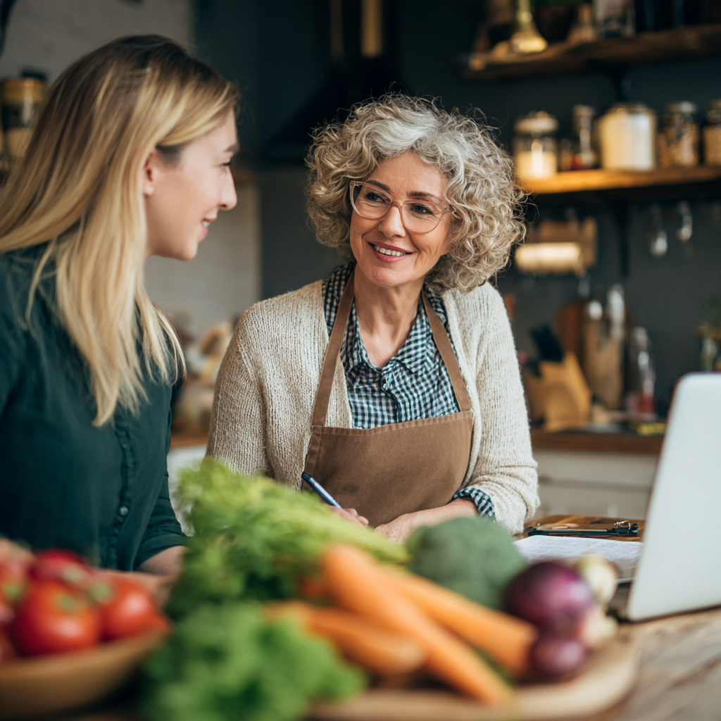 Professional nutritionist consulting with middle-aged client about personalized meal planning