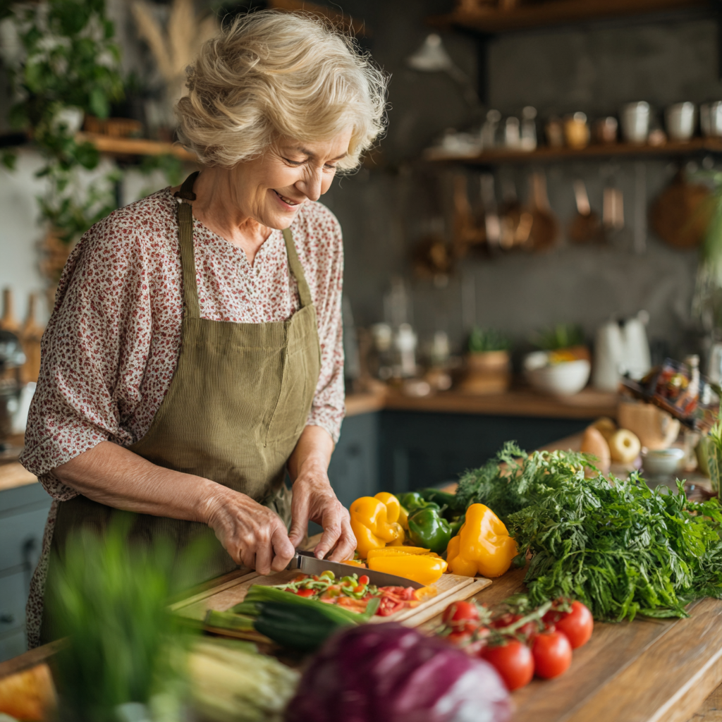 Senior woman preparing balanced nutritious meals following personalized meal plan